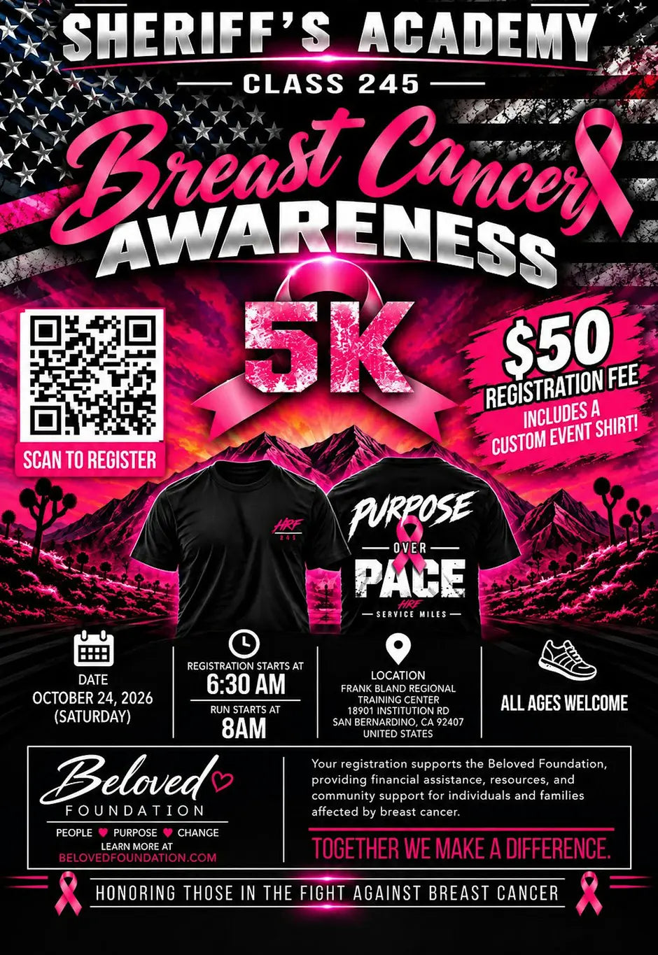 Sheriff’s Academy Class 245 Breast Cancer Awareness 5K flyer for October 24, 2026, with registration QR code.