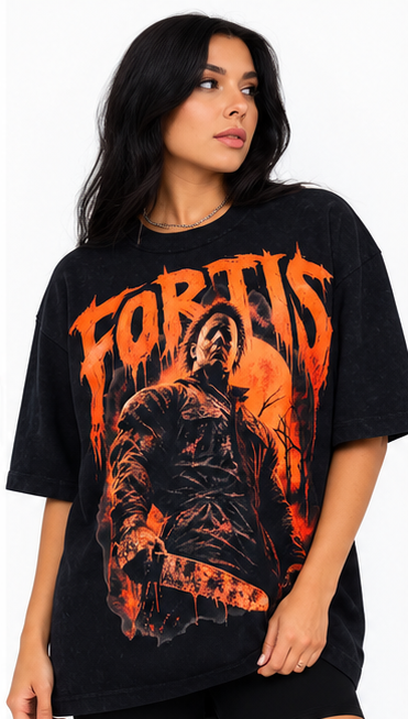 Fortis Halloween Double M oversized T with orange Fortis lettering and Halloween character artwork.