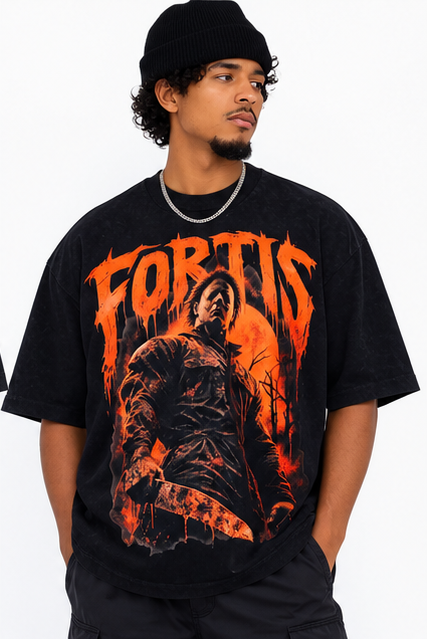 Front view of the Fortis Halloween Double M oversized graphic T on a model.
