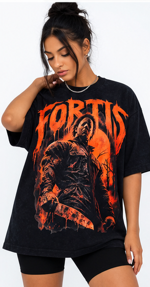 Fortis Halloween Double M T showing its relaxed oversized silhouette.